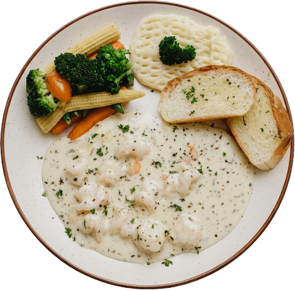 Butter garlic prawns with vegetables and garlic bread